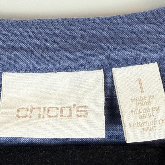 Chico's Linen Top Women 1 US M Blue Sequin Button Up Roll Tab Crochet Beach Boho - Picture 5 of 9